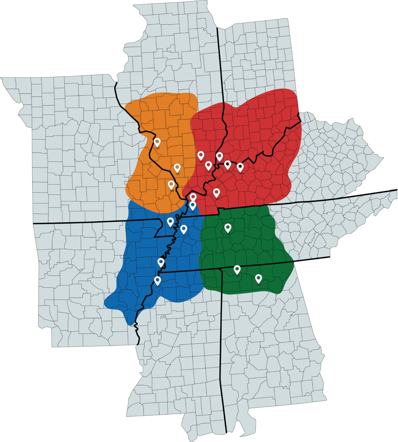 map depicting 4 winter canola regions: mid-mississippi river, ohio river, lower mississippi river and tennessee river